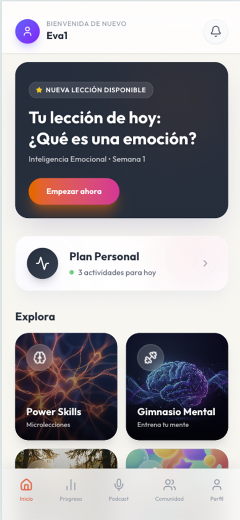 Pantalla principal de Hapiens, app de bienestar emocional y mindfulness